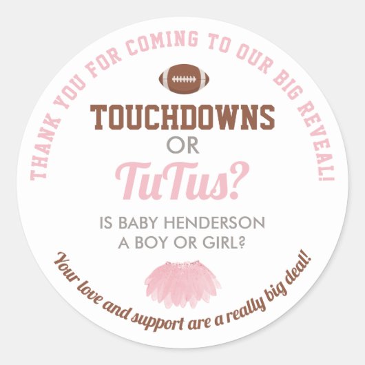 Touchdowns voor Tutus Gender Reveal Dank u Ronde Sticker (Voorkant)