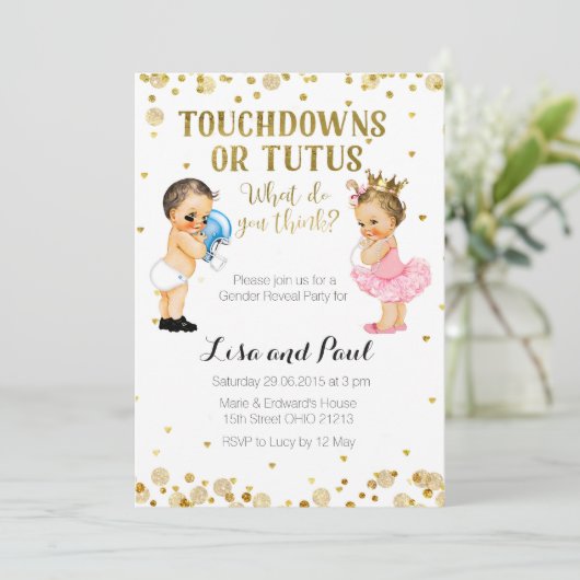 Touchdowns voor Tutus Gender Reveal uitnodiging Go (Staand voorkant)