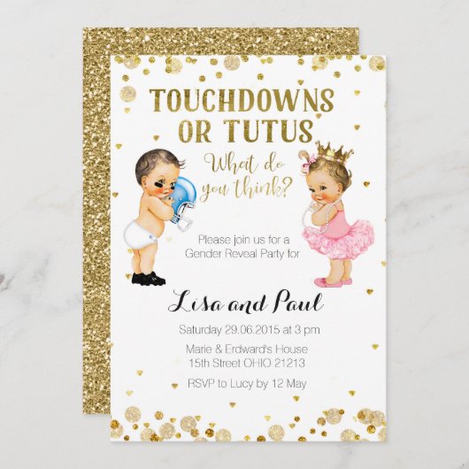 Touchdowns voor Tutus Gender Reveal uitnodiging Go (Voorkant / Achterkant)