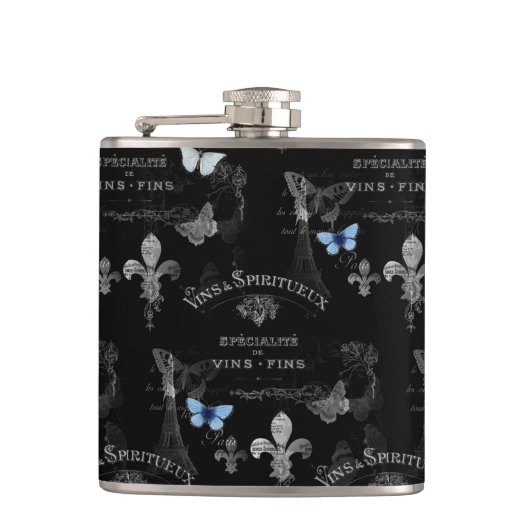 Toujours Paris Butterflies Collage Flask Heupfles (Voorkant)