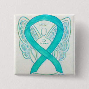 Tourette's Awareness Ribbon Blauwgroen Angel Pin Vierkante Button 5,1 Cm
