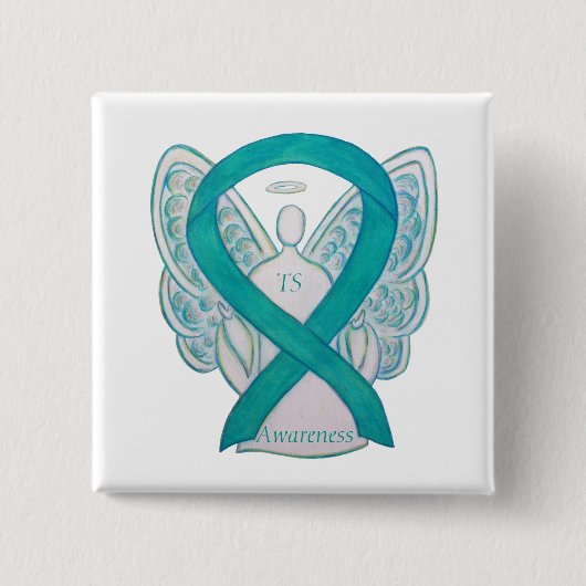 Tourette's Awareness Ribbon Blauwgroen Angel Pin Vierkante Button 5,1 Cm (Voorkant)
