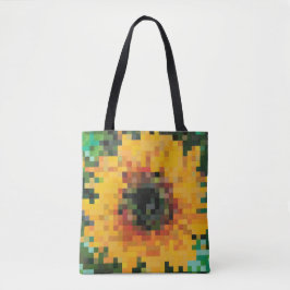 Tournesol pixelisé en jaune vif sur fond vert tote bag