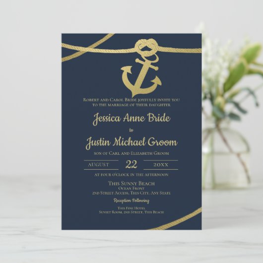 Touw Anker Goud en Navy Blue Wedding Kaart (Staand voorkant)