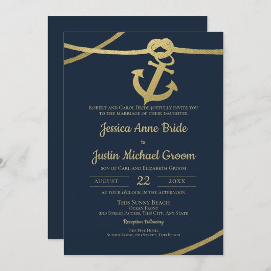 Touw Anker Goud en Navy Blue Wedding Kaart (Voorkant / Achterkant)