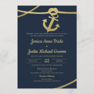Touw Anker Goud en Navy Blue Wedding Kaart