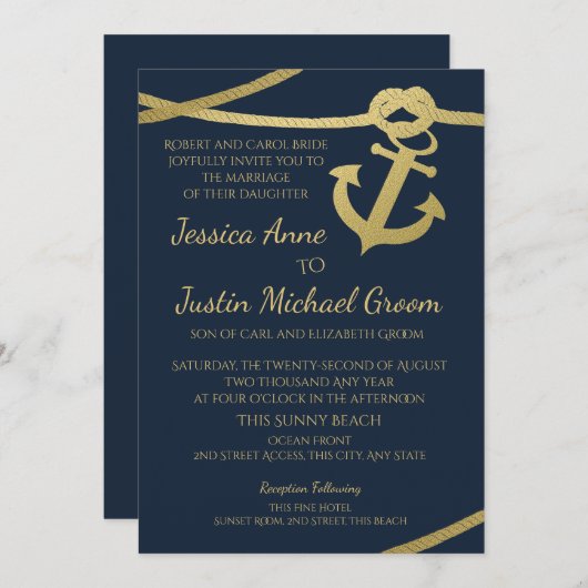 Touw Anker Goud en Navy Blue Wedding Kaart (Voorkant / Achterkant)