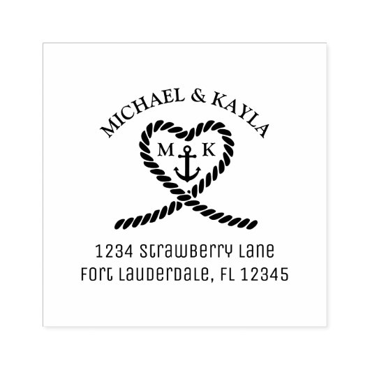 Touw Hart Anker Monogram Bruiloft Retouradres Rubberstempel (Afrduk)