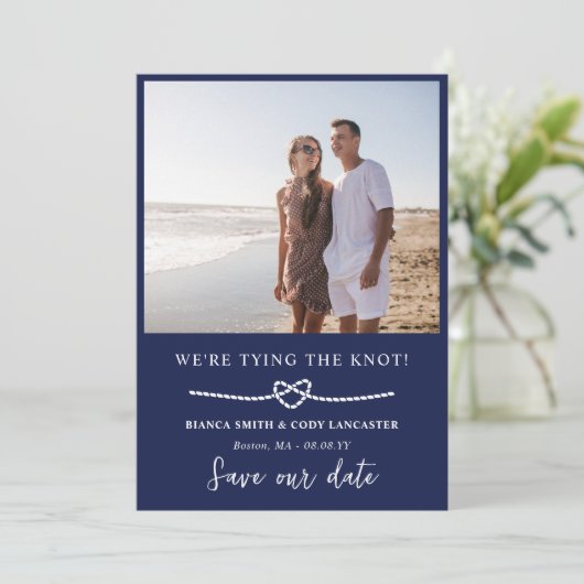 Touw hart de knoop nautisch save the date (Staand voorkant)