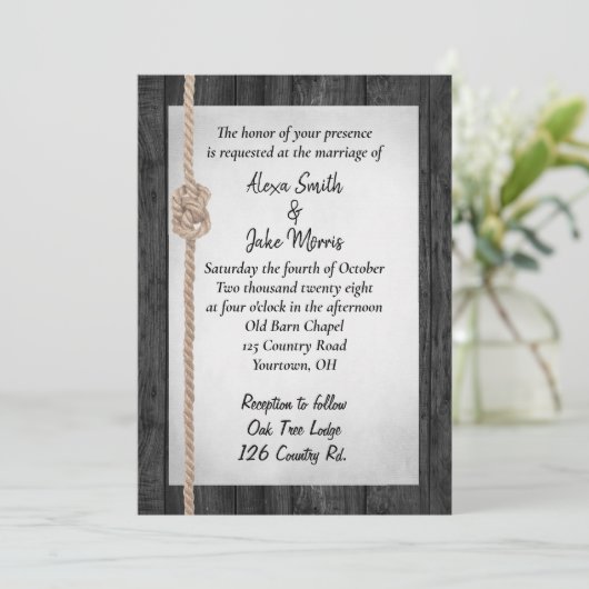 Touw knoop op schuur hout bruiloft kaart (Staand voorkant)