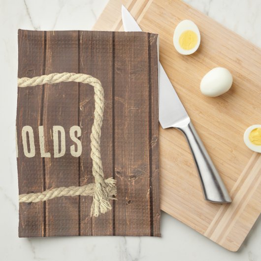 Touw Lijst op teakhout met naam Theedoek (Quarter Fold)