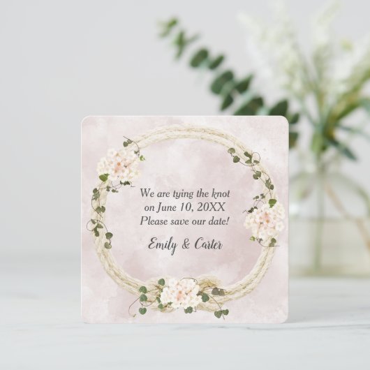 Touw met hydrangea boeketten save the date (Staand voorkant)