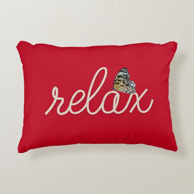 Touw Ontspan Tekst met Vlinder op Rood Accent Kussen (Voorkant)