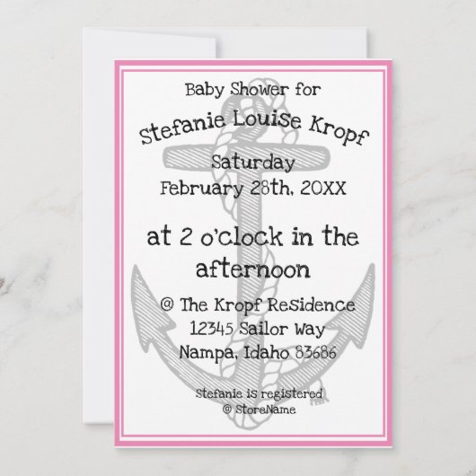 Touwen Anker en Touw Meisje Baby Shower (roze) Kaart (Achterkant)