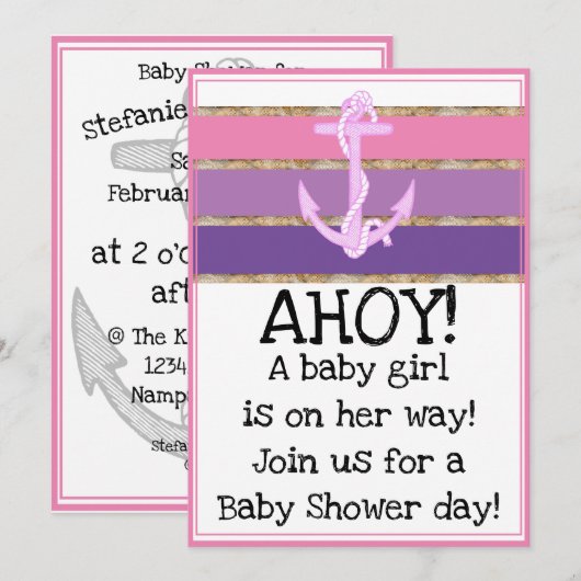 Touwen Anker en Touw Meisje Baby Shower (roze) Kaart (Voorkant / Achterkant)