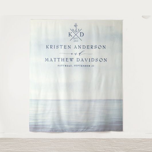 Touwen Anker Monogram Waterverf Oceaan Bruiloft Wandkleed (Voorkant)