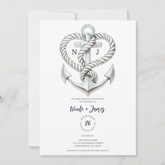 Touwen anker zeevaart hart kust bruiloft kaart (Voorkant)