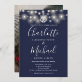 Touwen Lichtjes in Marineblauw Foto Bruiloft Kaart (Voorkant / Achterkant)