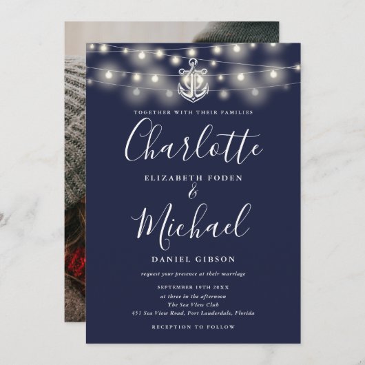 Touwen Lichtjes in Marineblauw Foto Bruiloft Kaart (Voorkant / Achterkant)