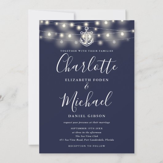 Touwen Lichtsnoeren Monogram Navyblauw Bruiloft Kaart (Voorkant)