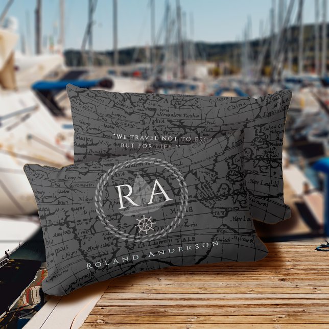 Touwen Monogramkaart Grijs Kussen (Nautical Map Traveller Monogram Dark Grey Accent Pillow .)