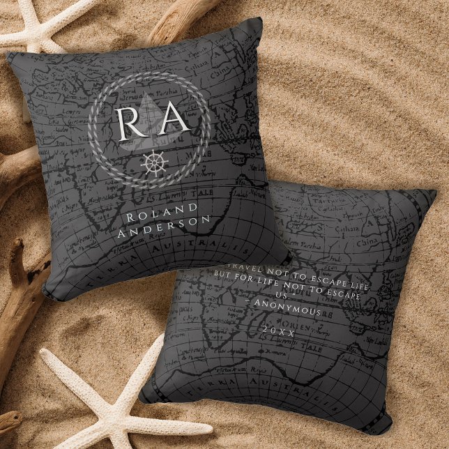 Touwen Monogramkaart Grijs Kussen (Nautical Rope Monogram Map Grey Throw Pillow)