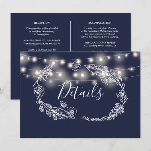 Touwlichtjes in marineblauw Trouwdetails Kaart (Voorkant / Achterkant)
