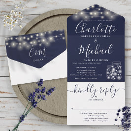 Touwverlichting in blauw met glazen potten bruilof all in one uitnodiging