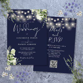 Touwverlichting in marineblauw met bloemen QR-code Kaart