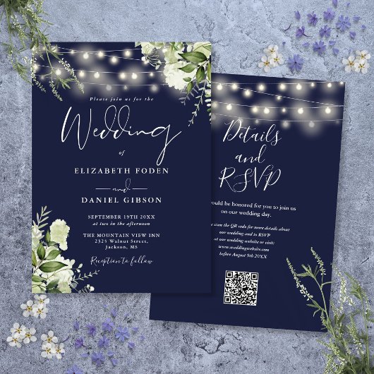 Touwverlichting in marineblauw met bloemen QR-code Kaart