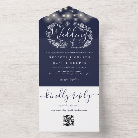 Touwverlichting QR-code Trouwfeest in marineblauw All In One Uitnodiging (Binnen)