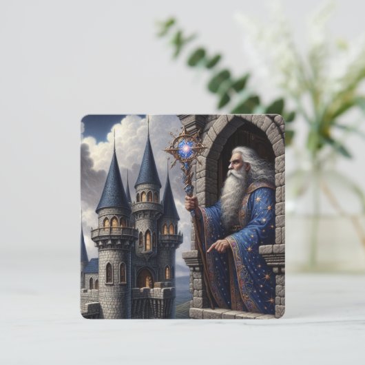 Tovenaar in de Kasteeltoren Feestdagenkaart (Staand voorkant)