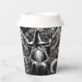 Tovenaar in overpeinzing papieren koffiekopjes bekers