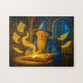 Tovenaar leest toverboek in olieverfschilderij legpuzzel