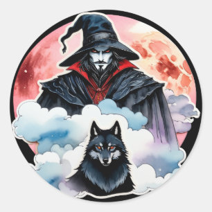 Tovenaar met een Wolf - Halloween Fan Fun 1 Ronde Sticker