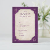 Tovenaar Paarse Stars Owl Magic Wedding RSVP Kaartje (Staand voorkant)