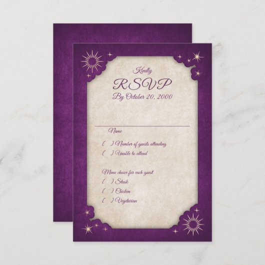 Tovenaar Paarse Stars Owl Magic Wedding RSVP Kaartje (Voorkant / Achterkant)