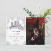 Tovenaar School Verjaardag uitnodiging met foto (Staand voorkant)