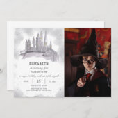 Tovenaar School Verjaardag uitnodiging met foto (Voorkant / Achterkant)