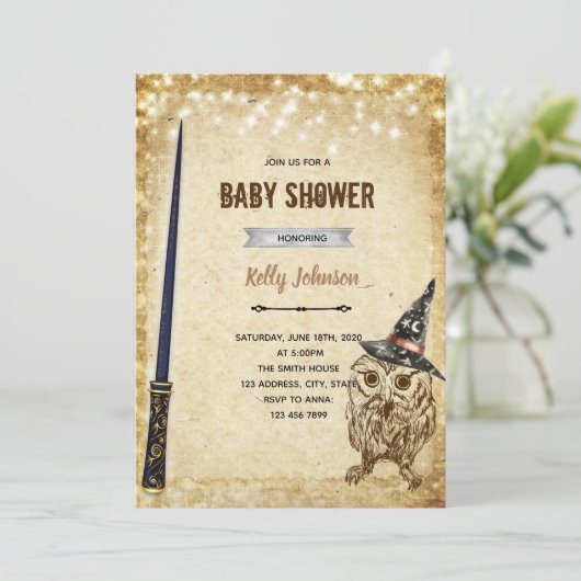 Tovenaar uil douche verjaardagsuitnodiging kaart (Staand voorkant)