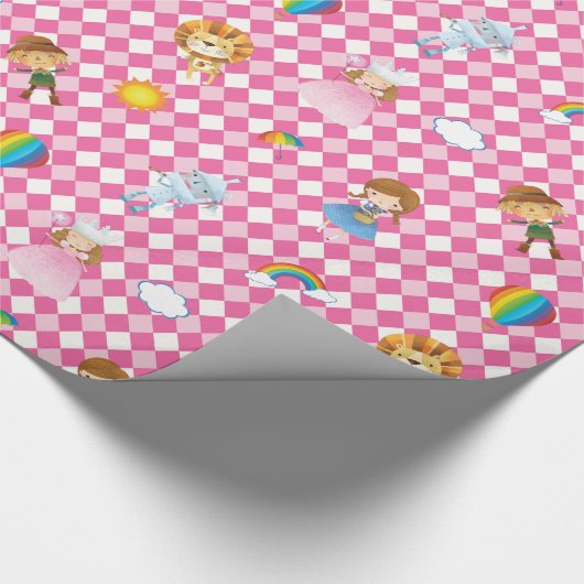 Tovenaar van Oz Karakters op Roze/Witte Harlequin Cadeaupapier (Hoek)