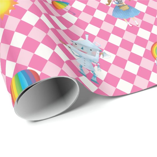 Tovenaar van Oz Karakters op Roze/Witte Harlequin Cadeaupapier (Rol Hoek)