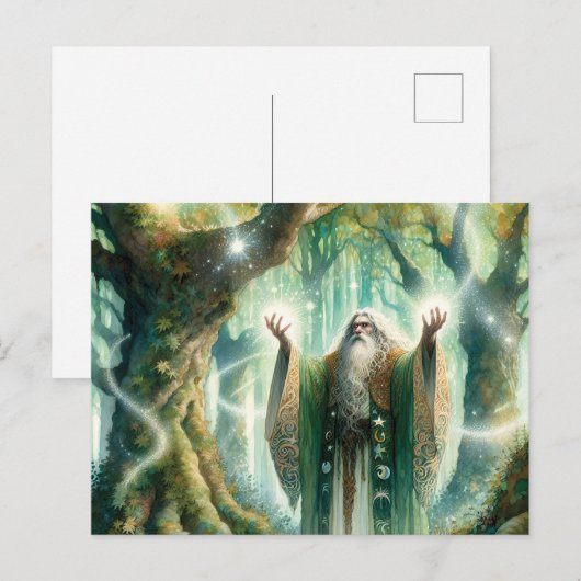 Tovenaar werpt betovering van bescherming op bos briefkaart (Voorkant / Achterkant)