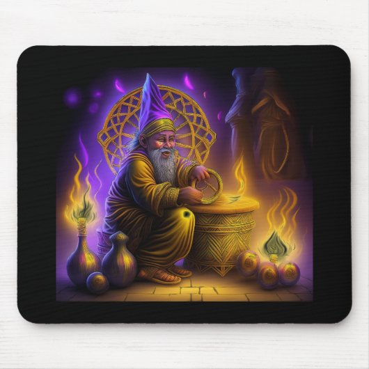 Tovenaar zit aan tafel en roept een spreuk op muismat (Voorkant)