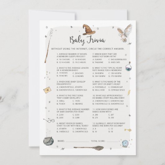 Tovenaars babyshower baby trivia spel kaart (Voorkant)