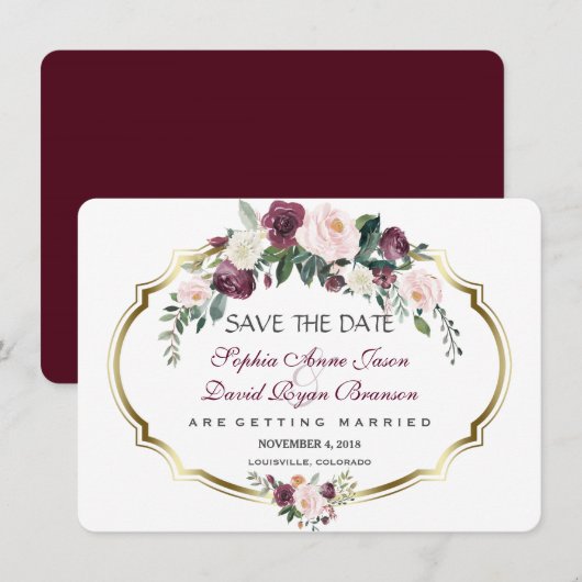Tovenaarse Goud Bourgondië Blush Bloemachtige Brui Save The Date (Voorkant / Achterkant)