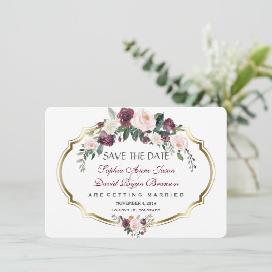 Tovenaarse Goud Bourgondië Blush Bloemachtige Brui Save The Date (Staand voorkant)