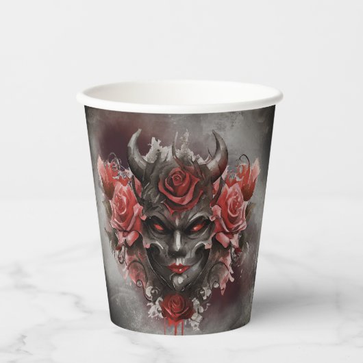 tovenarij | Donker Gehoornde Demon Met Gloeiende R Papieren Bekers (Voorkant)