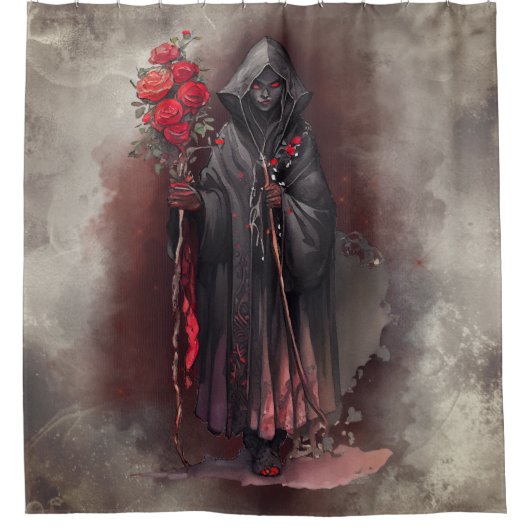 tovenarij | Shadowy Dark Witch Glowing Red Eyes Douchegordijn (Voorkant)
