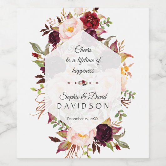 Toverachtig Burgundy Marsala Bloemrijke Geometrisc Wijn Etiket (Enkel label)